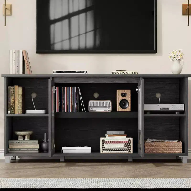 Meuble TV moderne pour téléviseur 70 pouces, console multimédia noire avec portes en verre et étagères, meuble de rangement pour salon