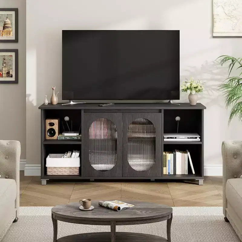 Meuble TV moderne pour téléviseur 70 pouces, console multimédia noire avec portes en verre et étagères, meuble de rangement pour salon