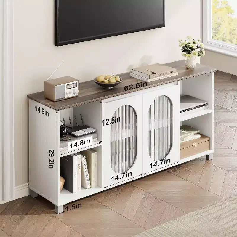 Meuble TV moderne pour téléviseur 70 pouces, console multimédia noire avec portes en verre et étagères, meuble de rangement pour salon