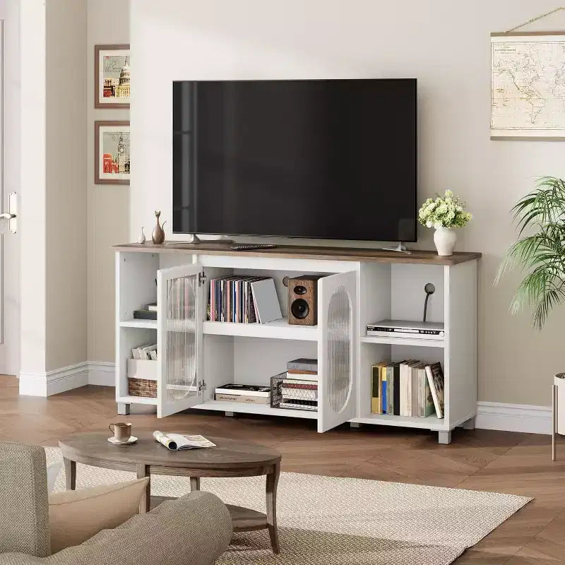 Meuble TV moderne pour téléviseur 70 pouces, console multimédia noire avec portes en verre et étagères, meuble de rangement pour salon