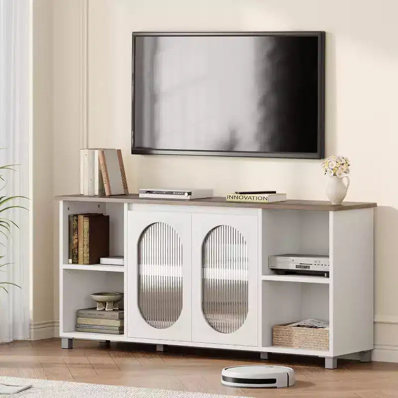 Meuble TV moderne pour téléviseur 70 pouces, console multimédia noire avec portes en verre et étagères, meuble de rangement pour salon