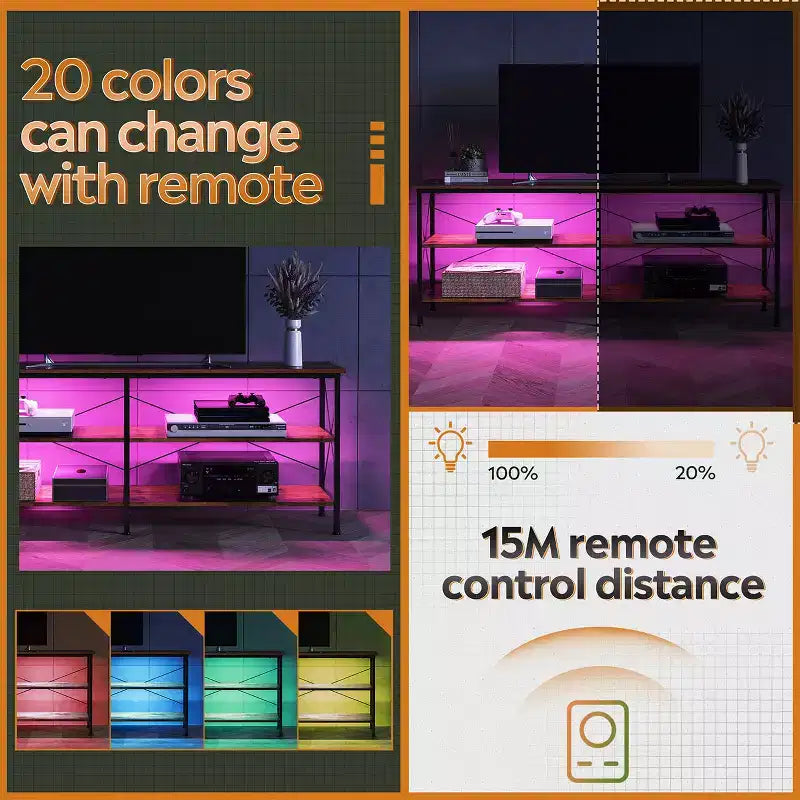 Meuble TV pour téléviseur de 65 à 70 pouces avec lumières LED, centre de divertissement de jeu avec rangement, console TV industrielle pour salon, greige