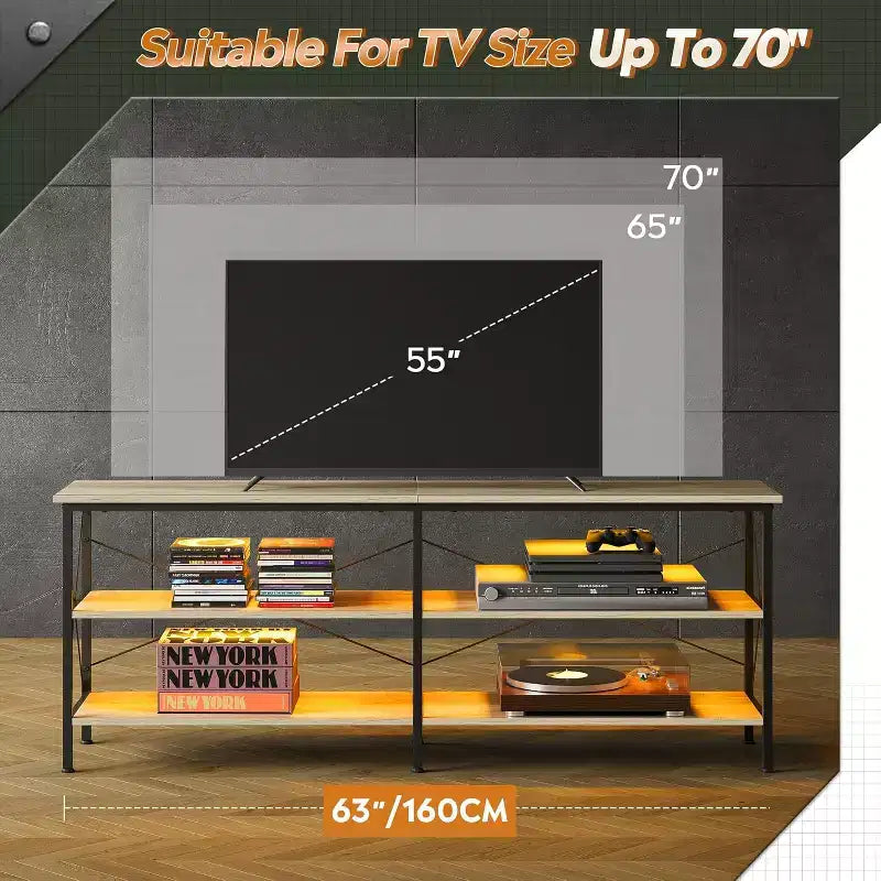 Meuble TV pour téléviseur de 65 à 70 pouces avec lumières LED, centre de divertissement de jeu avec rangement, console TV industrielle pour salon, greige