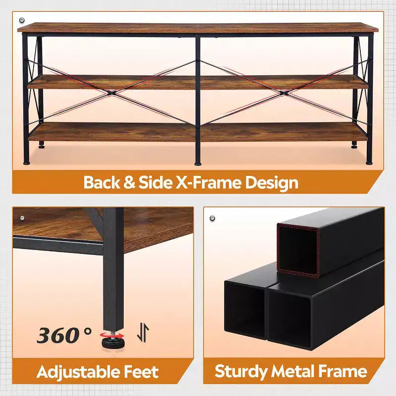 Meuble TV pour téléviseur de 65 à 70 pouces avec lumières LED, centre de divertissement de jeu avec rangement, console TV industrielle pour salon, greige