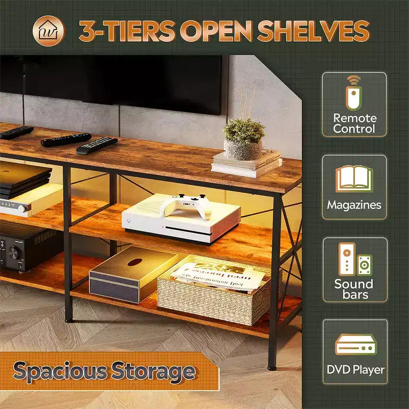 Meuble TV pour téléviseur de 65 à 70 pouces avec lumières LED, centre de divertissement de jeu avec rangement, console TV industrielle pour salon, greige