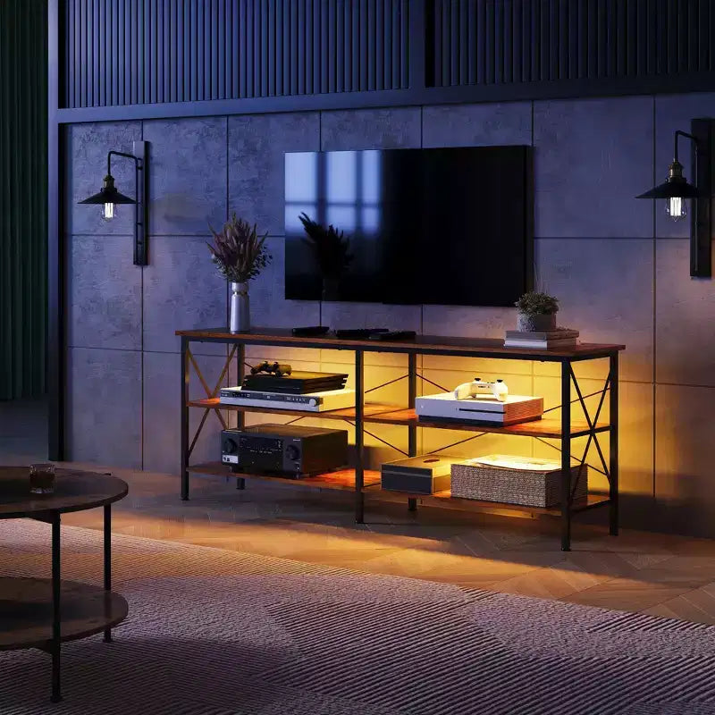 Meuble TV pour téléviseur de 65 à 70 pouces avec lumières LED, centre de divertissement de jeu avec rangement, console TV industrielle pour salon, greige