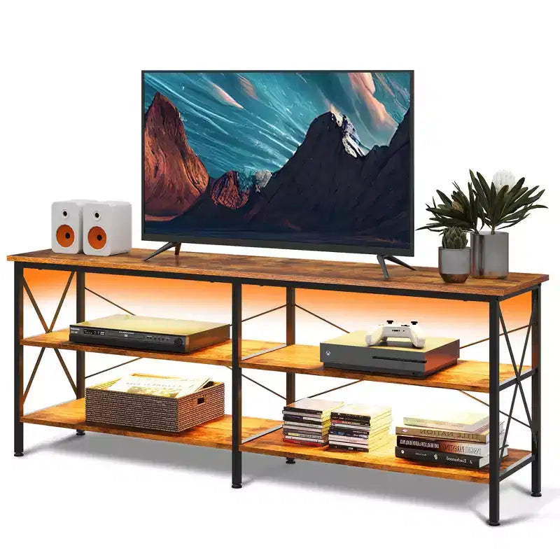 Meuble TV pour téléviseur de 65 à 70 pouces avec lumières LED, centre de divertissement de jeu avec rangement, console TV industrielle pour salon, greige