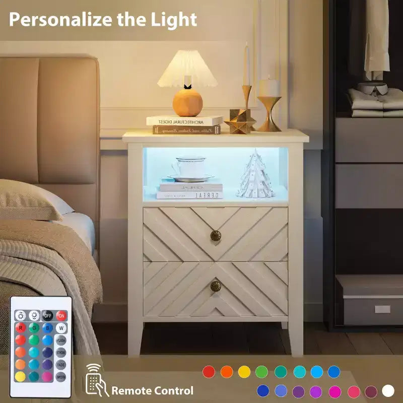 Table de chevet LED élégante avec 2 tiroirs de rangement et lumières colorées télécommandées - Parfaite pour les chambres modernes