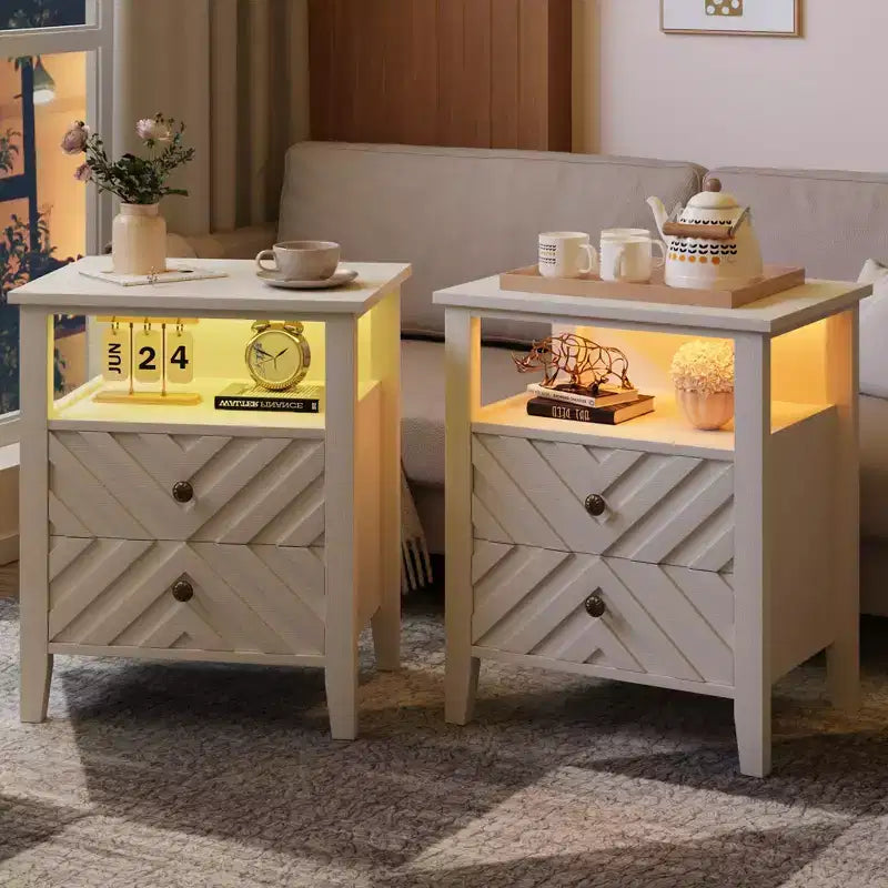 Table de chevet LED élégante avec 2 tiroirs de rangement et lumières colorées télécommandées - Parfaite pour les chambres modernes