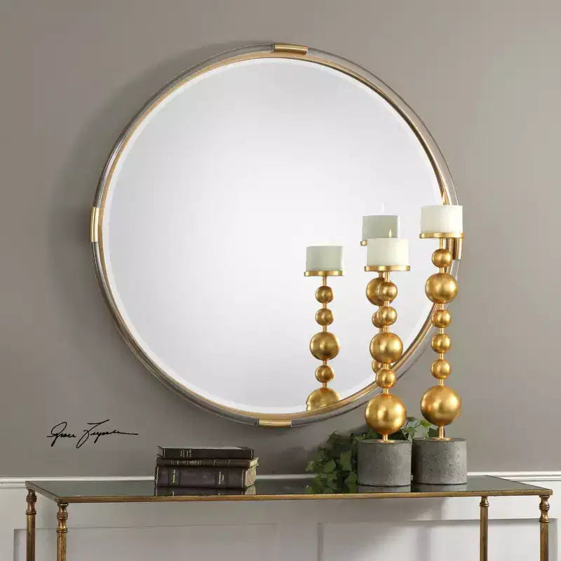 Miroir Mural Décoratif Rond, Biseauté, Doré Métallisé, Acrylique Transparent, Cadre en Bois, 37 1/2 po de Large pour Salle de Bain et Chambre à Coucher