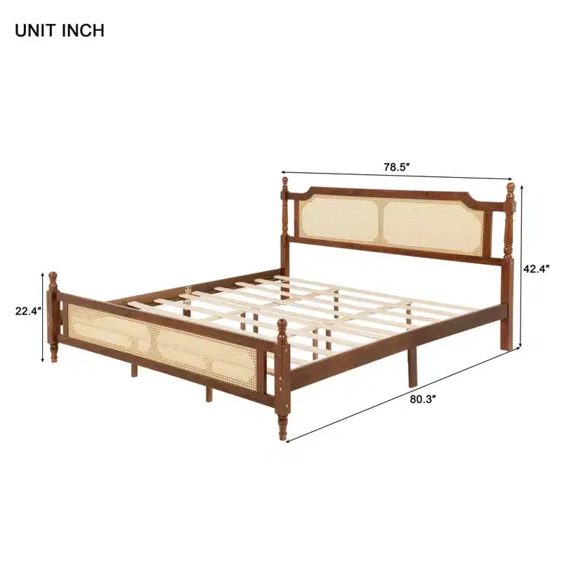 Lit en bois de pin King avec tête et pied de lit en rotin, marron