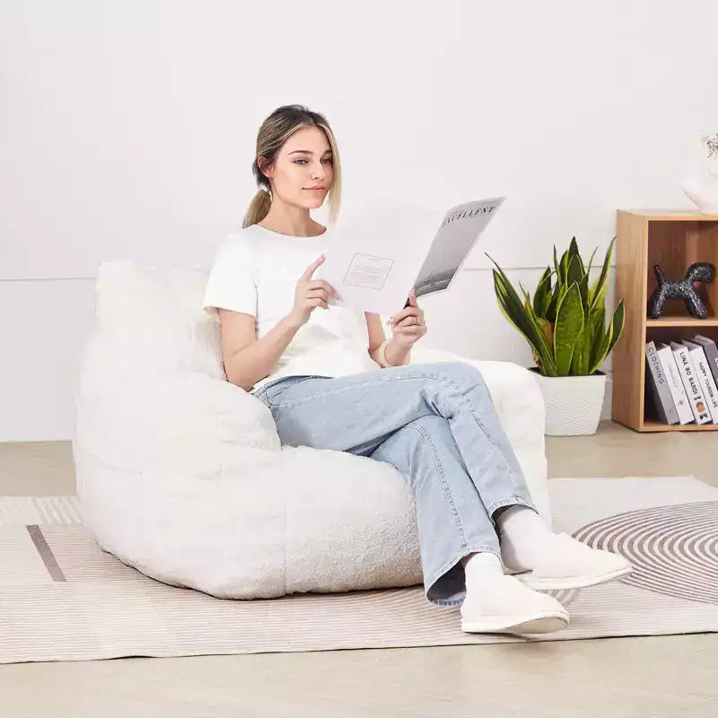 Pouf géant, pouf géant de 91 cm avec accoudoirs doux et poche de rangement, rempli de mousse à mémoire de forme 25D avec housse en velours Teddy doux, blanc