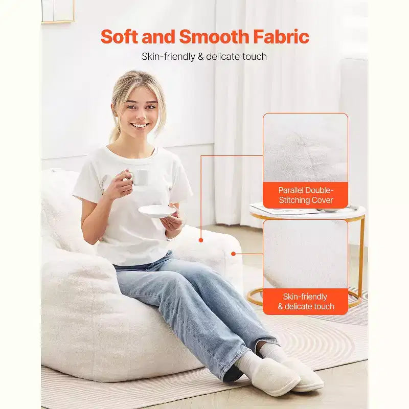 Pouf géant, pouf géant de 91 cm avec accoudoirs doux et poche de rangement, rempli de mousse à mémoire de forme 25D avec housse en velours Teddy doux, blanc