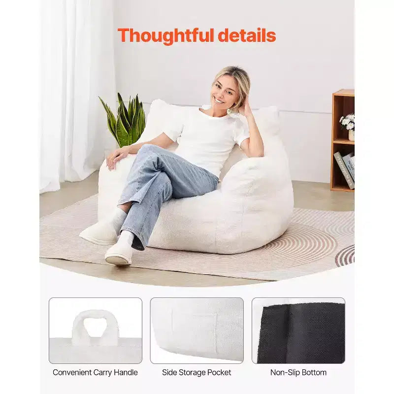 Pouf géant, pouf géant de 91 cm avec accoudoirs doux et poche de rangement, rempli de mousse à mémoire de forme 25D avec housse en velours Teddy doux, blanc