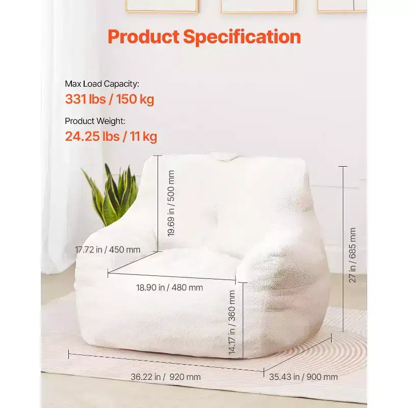 Pouf géant, pouf géant de 91 cm avec accoudoirs doux et poche de rangement, rempli de mousse à mémoire de forme 25D avec housse en velours Teddy doux, blanc