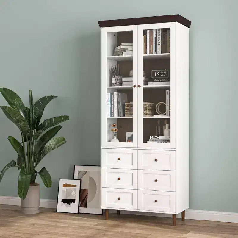 Armoire de rangement blanche en MDF avec portes vitrées Étagères réglables Buffet autoportant pour cuisine ou salon
