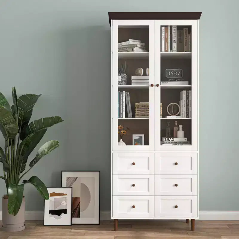 Armoire de rangement blanche en MDF avec portes vitrées Étagères réglables Buffet autoportant pour cuisine ou salon