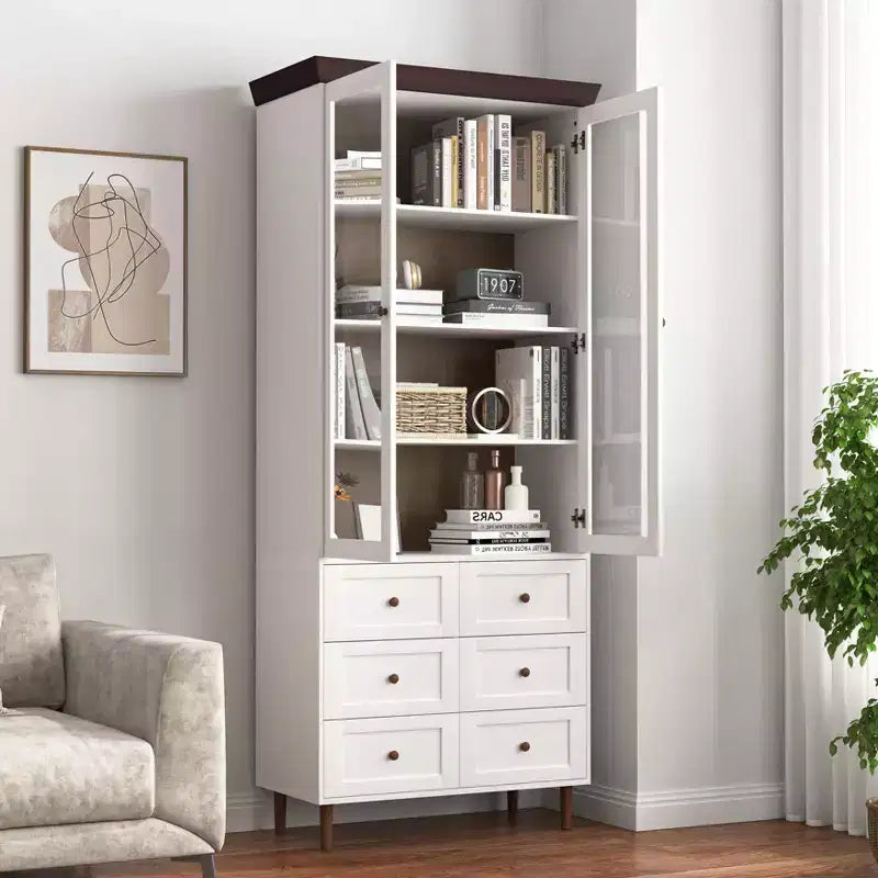 Armoire de rangement blanche en MDF avec portes vitrées Étagères réglables Buffet autoportant pour cuisine ou salon