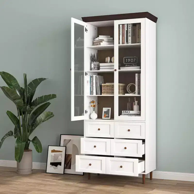Armoire de rangement blanche en MDF avec portes vitrées Étagères réglables Buffet autoportant pour cuisine ou salon