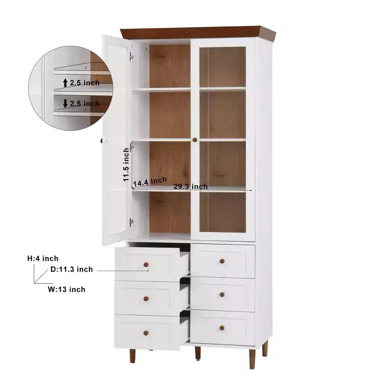 Armoire de rangement blanche en MDF avec portes vitrées Étagères réglables Buffet autoportant pour cuisine ou salon