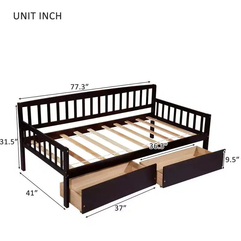 Lit de repos en bois de pin avec deux tiroirs de rangement, 10 lattes de soutien, marron