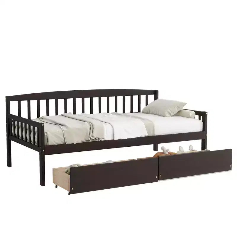 Lit de repos en bois de pin avec deux tiroirs de rangement, 10 lattes de soutien, marron