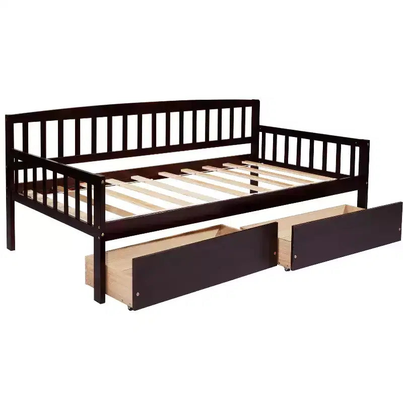 Lit de repos en bois de pin avec deux tiroirs de rangement, 10 lattes de soutien, marron