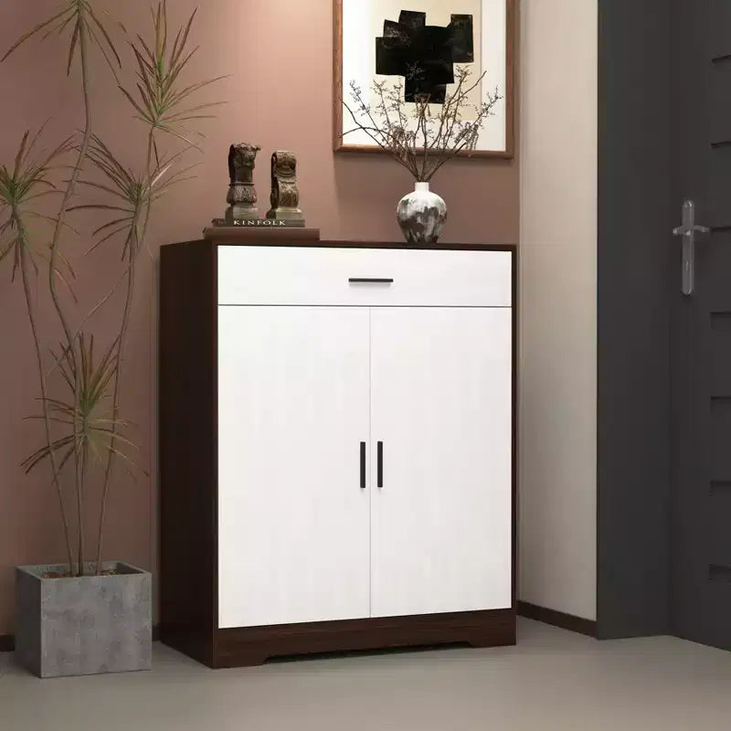 Meuble à chaussures, étagère à 4 niveaux avec 1 tiroir, rangement autoportant en bois avec 2 portes blanches et étagères réglables pour entrée/couloir