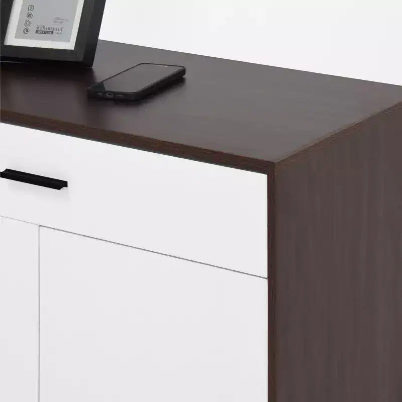 Meuble à chaussures, étagère à 4 niveaux avec 1 tiroir, rangement autoportant en bois avec 2 portes blanches et étagères réglables pour entrée/couloir