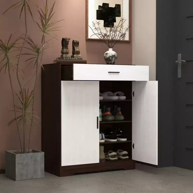 Meuble à chaussures, étagère à 4 niveaux avec 1 tiroir, rangement autoportant en bois avec 2 portes blanches et étagères réglables pour entrée/couloir