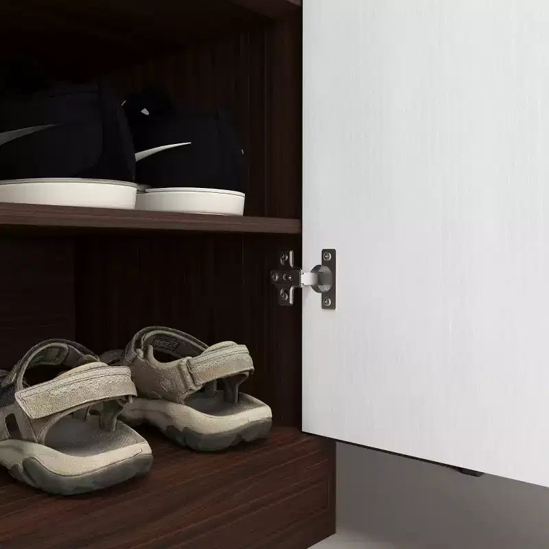 Meuble à chaussures, étagère à 4 niveaux avec 1 tiroir, rangement autoportant en bois avec 2 portes blanches et étagères réglables pour entrée/couloir