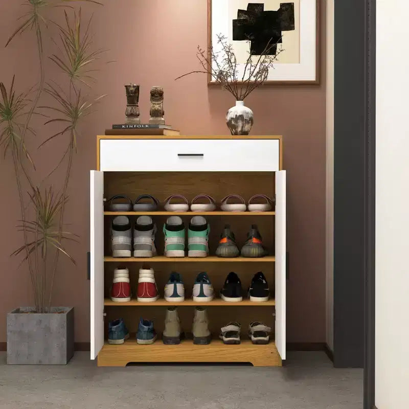 Meuble à chaussures, étagère à 4 niveaux avec 1 tiroir, rangement autoportant en bois avec 2 portes blanches et étagères réglables pour entrée/couloir