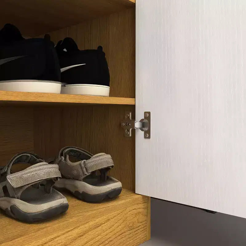 Meuble à chaussures, étagère à 4 niveaux avec 1 tiroir, rangement autoportant en bois avec 2 portes blanches et étagères réglables pour entrée/couloir