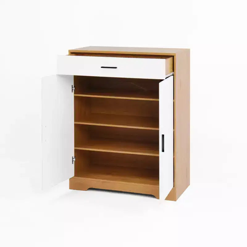Meuble à chaussures, étagère à 4 niveaux avec 1 tiroir, rangement autoportant en bois avec 2 portes blanches et étagères réglables pour entrée/couloir