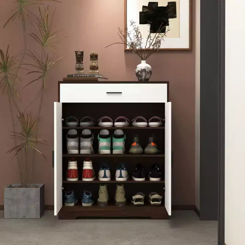Meuble à chaussures, étagère à 4 niveaux avec 1 tiroir, rangement autoportant en bois avec 2 portes blanches et étagères réglables pour entrée/couloir