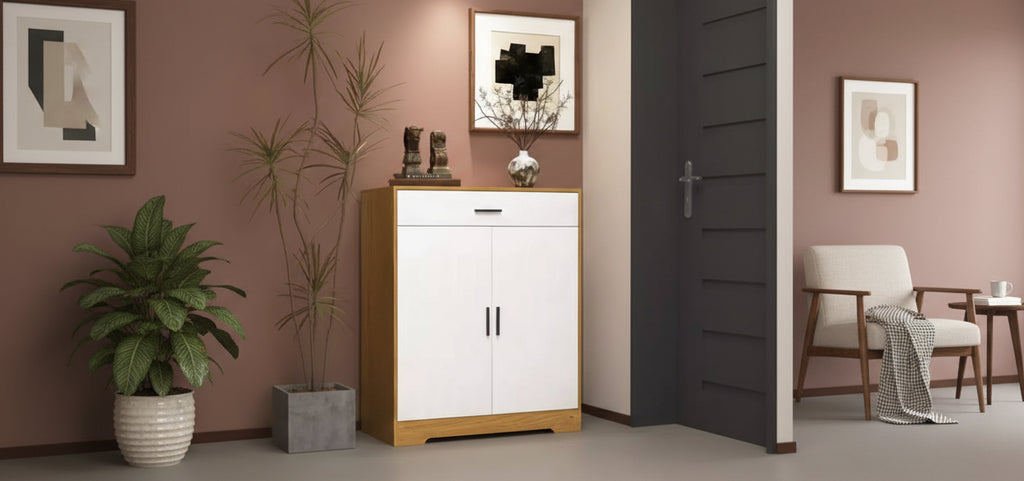 Meuble à chaussures, étagère à 4 niveaux avec 1 tiroir, rangement autoportant en bois avec 2 portes blanches et étagères réglables pour entrée/couloir