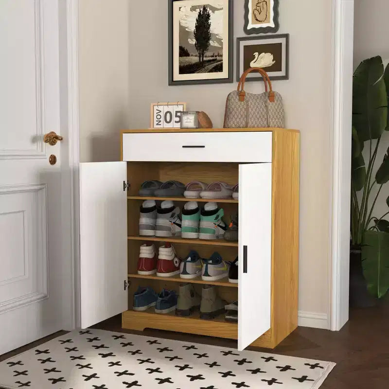 Meuble à chaussures, étagère à 4 niveaux avec 1 tiroir, rangement autoportant en bois avec 2 portes blanches et étagères réglables pour entrée/couloir