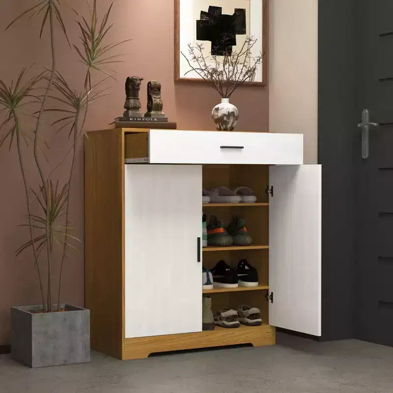 Meuble à chaussures, étagère à 4 niveaux avec 1 tiroir, rangement autoportant en bois avec 2 portes blanches et étagères réglables pour entrée/couloir