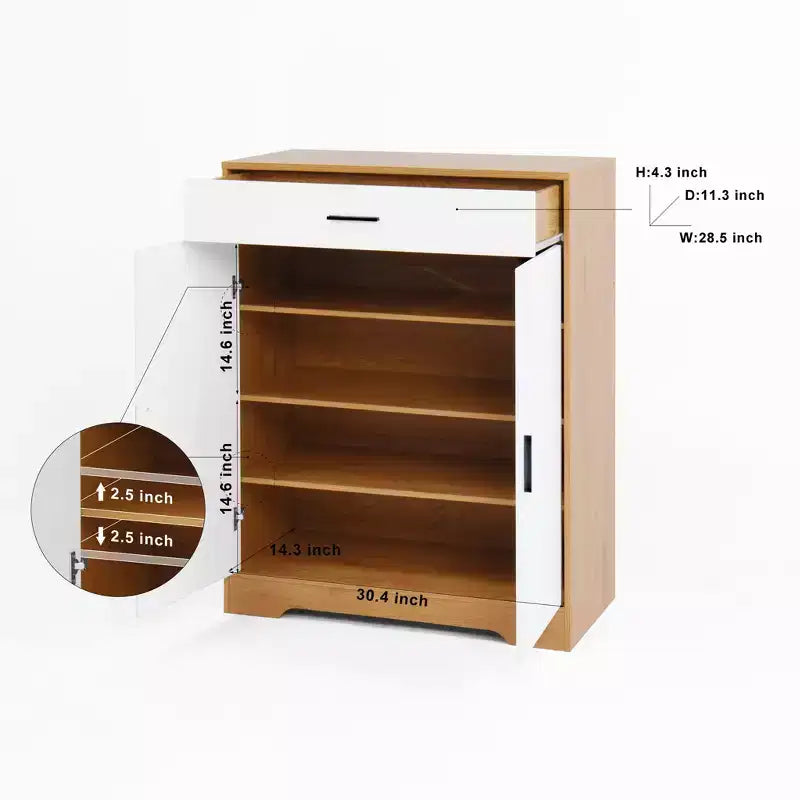 Meuble à chaussures, étagère à 4 niveaux avec 1 tiroir, rangement autoportant en bois avec 2 portes blanches et étagères réglables pour entrée/couloir