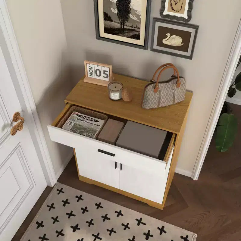Meuble à chaussures, étagère à 4 niveaux avec 1 tiroir, rangement autoportant en bois avec 2 portes blanches et étagères réglables pour entrée/couloir