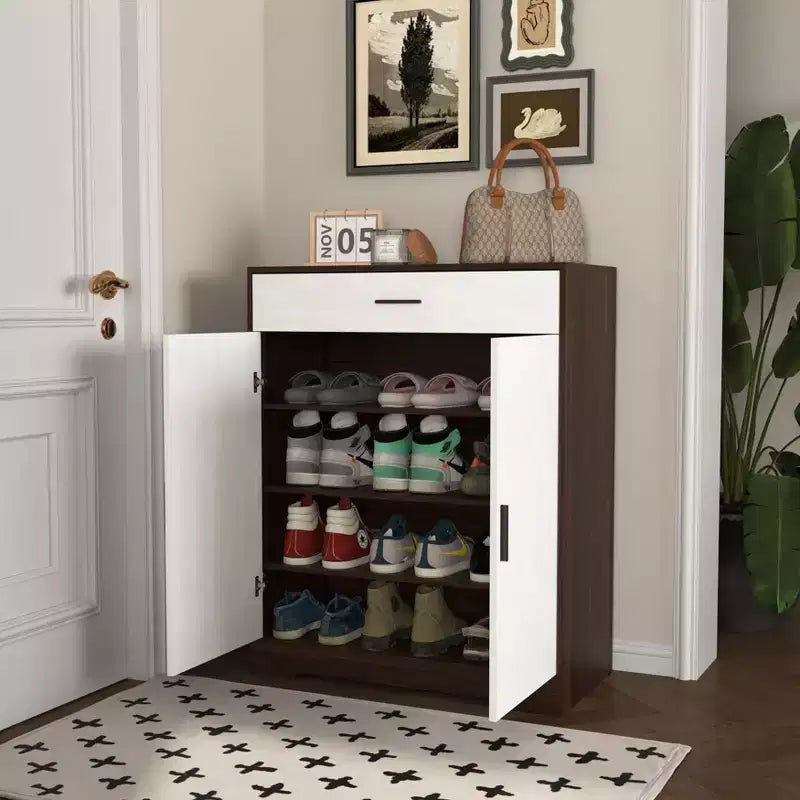 Meuble à chaussures, étagère à 4 niveaux avec 1 tiroir, rangement autoportant en bois avec 2 portes blanches et étagères réglables pour entrée/couloir