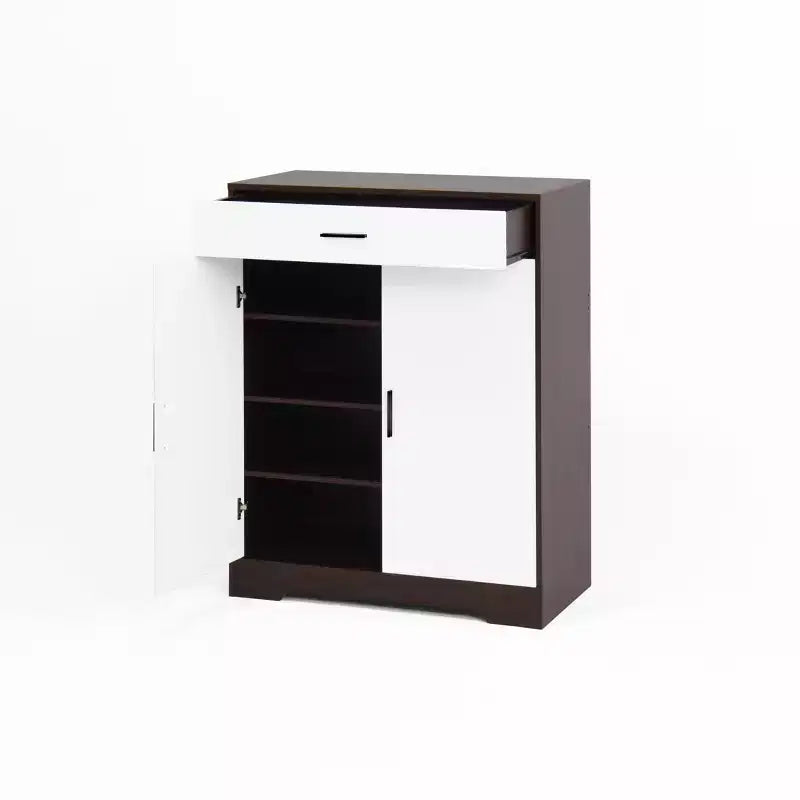 Meuble à chaussures, étagère à 4 niveaux avec 1 tiroir, rangement autoportant en bois avec 2 portes blanches et étagères réglables pour entrée/couloir