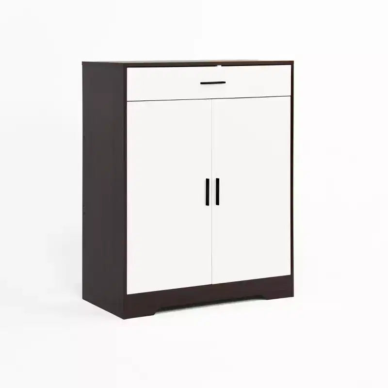 Meuble à chaussures, étagère à 4 niveaux avec 1 tiroir, rangement autoportant en bois avec 2 portes blanches et étagères réglables pour entrée/couloir