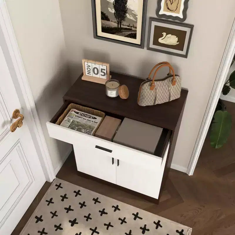 Meuble à chaussures, étagère à 4 niveaux avec 1 tiroir, rangement autoportant en bois avec 2 portes blanches et étagères réglables pour entrée/couloir