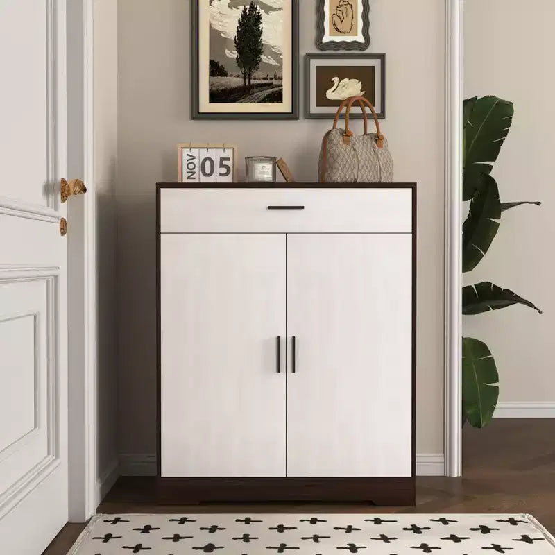 Meuble à chaussures, étagère à 4 niveaux avec 1 tiroir, rangement autoportant en bois avec 2 portes blanches et étagères réglables pour entrée/couloir