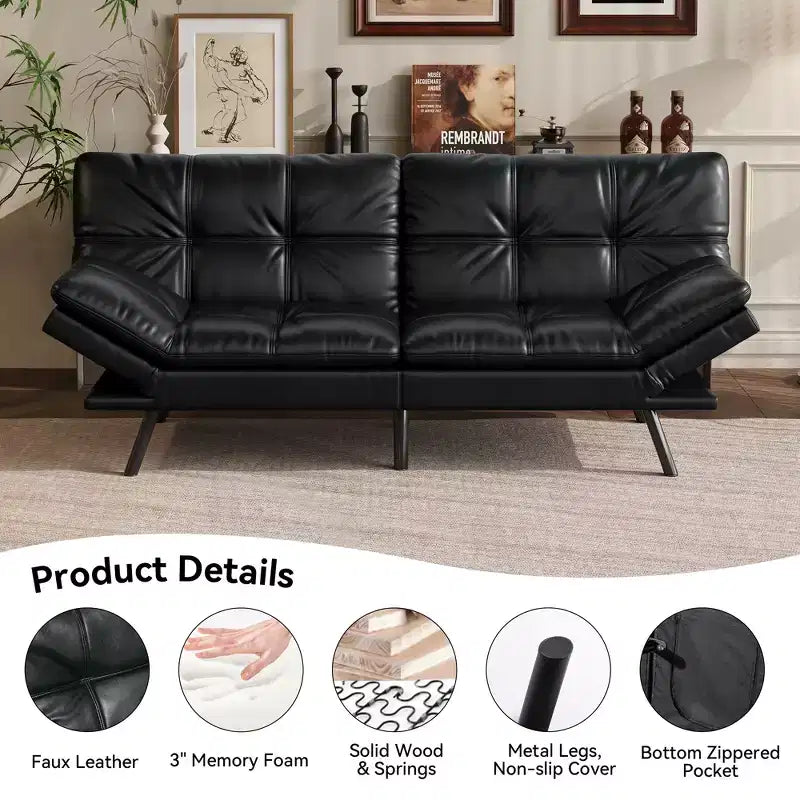 Canapé-lit futon convertible 71", futon moderne en lin avec coussin détachable, dossier et accoudoirs réglables