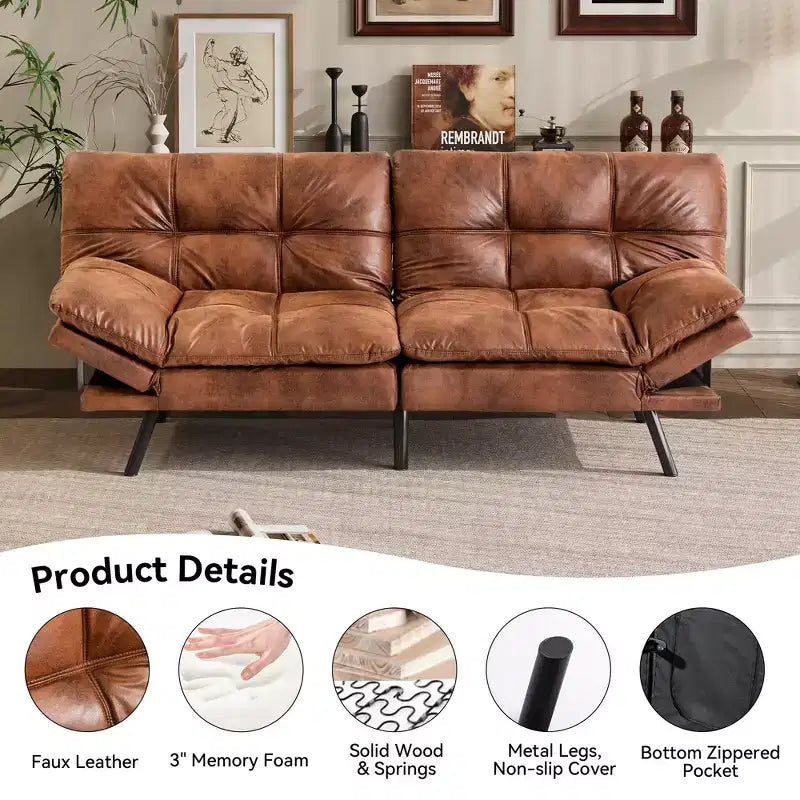 Canapé-lit futon convertible 71", futon moderne en lin avec coussin détachable, dossier et accoudoirs réglables