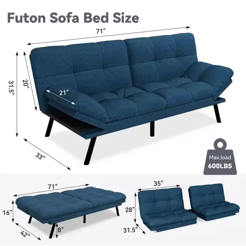 Canapé-lit futon convertible 71", futon moderne en lin avec coussin détachable, dossier et accoudoirs réglables