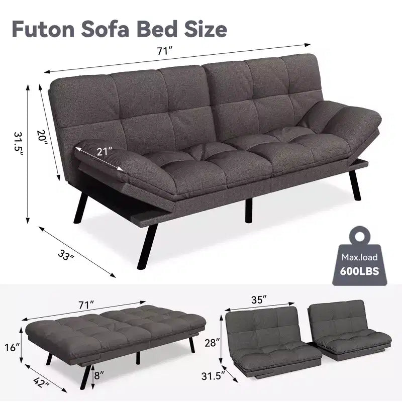 Canapé-lit futon convertible 71", futon moderne en lin avec coussin détachable, dossier et accoudoirs réglables
