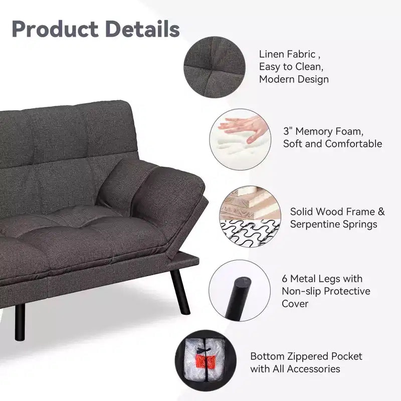 Canapé-lit futon convertible 71", futon moderne en lin avec coussin détachable, dossier et accoudoirs réglables